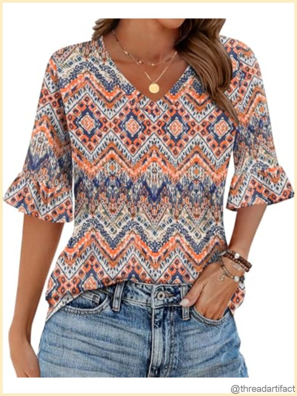 Zeagoo Womens V Neck Ruffle Tunic Top 3/4 Sleeve Floral Blouse